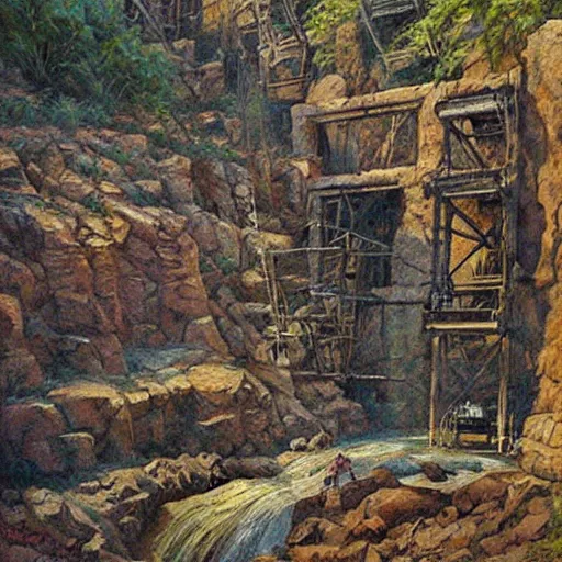 Image similar to old gold mine, art by james gurney, high details