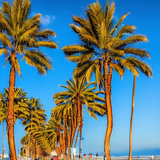 Prompt: a line of palm trees on a santa monica beach, line of palm trees recedes into distance, line of palm trees floats upright into blue sky, california