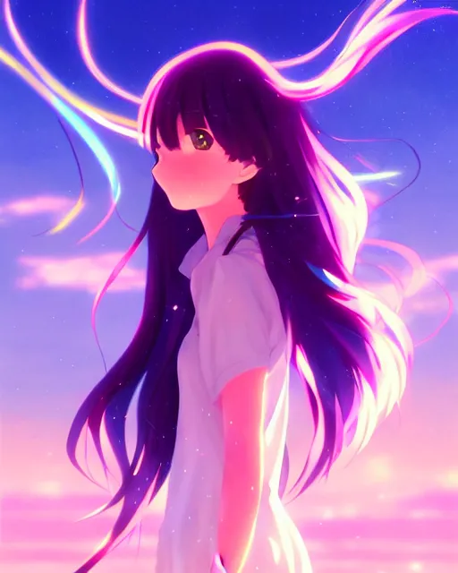 Image similar to anime style, vivid, expressive, full body, 4 k, painting, a cute magical girl with a long wavy black hair, stunning, realistic light and shadow effects, centered, simple background, studio ghibly makoto shinkai yuji yamaguchi