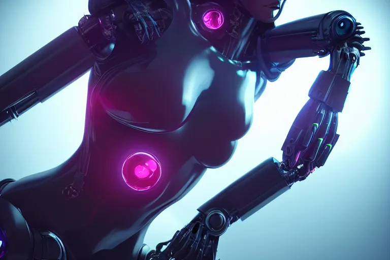 Prompt: cyberpunk alien concept inspired female robot, futuristic look, highly detailed body, very powerful, photorealistic camera shot, bright studio setting, studio lighting, crisp quality and light reflections, unreal engine 5 quality render