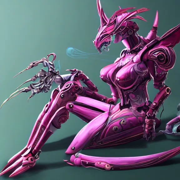 Image similar to highly detailed exquisite fanart, of a beautiful female warframe, but as an anthropomorphic robot dragon, sitting on a soft green sofa, with robot dragon head, off-white plated armor, bright Fuchsia skin, full body shot, epic cinematic shot, realistic, professional digital art, high end digital art, DeviantArt, artstation, Furaffinity, 8k HD render, epic lighting, depth of field