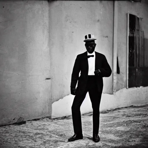 Image similar to vintage photo of a black man wearing a black suit in rio de janeiro