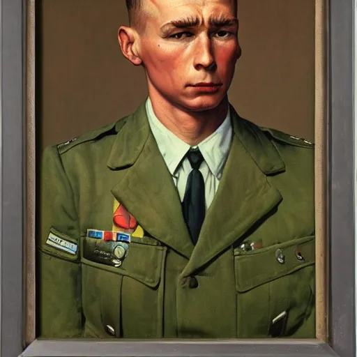 Prompt: frontal portrait of a soldier in attention, doing the loser hand gesture on his forehead, by Norman Rockwell and Gerald Brom