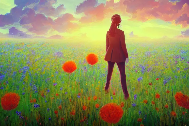 Image similar to closeup, giant flower head, girl in suit walking in field of flowers, surreal photography, sunrise, blue sky, dramatic light, impressionist painting, digital painting, artstation, simon stalenhag