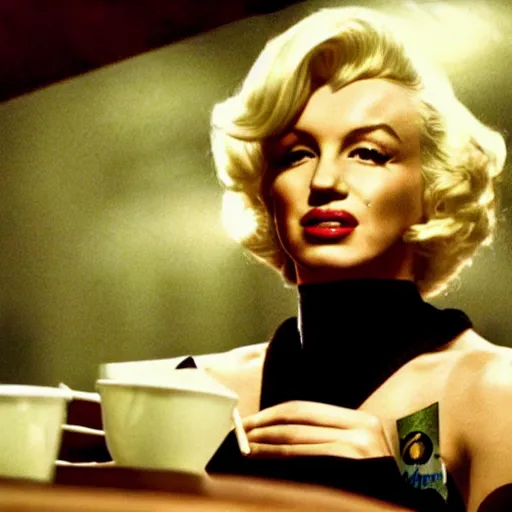 Image similar to a close - up, color cinema film still of a marlin monroe drinking coffee at a starbucks, ambient lighting at night, from matrix ( 1 9 9 9 ).