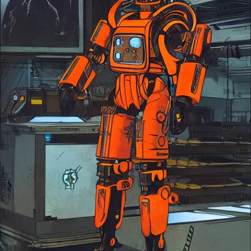 Image similar to cyberpunk mechanic dude with robotic calves. orange and black color scheme. concept art by james gurney and mœbius. apex legends character art