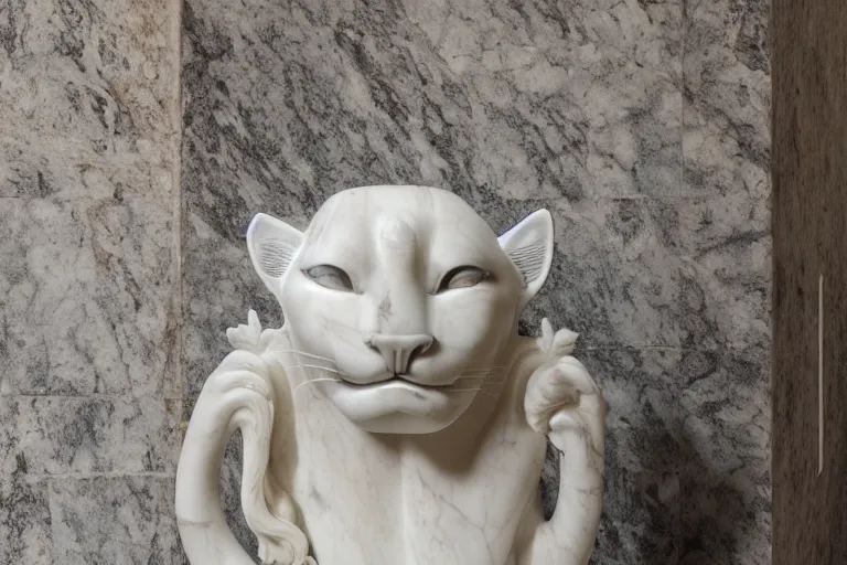 Image similar to a cinematic view of a ornated cat statue made with marble using oni wooden mask