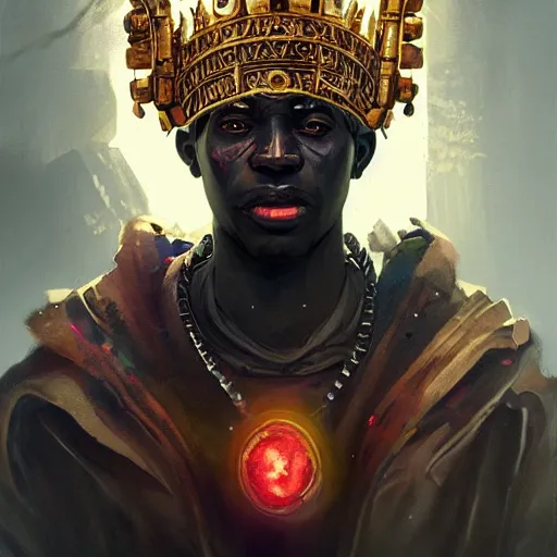 Image similar to a dark and ominous african moor with glowing eyes and a golden crown with a ruby, Apex Legends character digital illustration portrait design, by android jones and greg rutkowski in a cyberpunk voodoo style, detailed, cinematic lighting, wide angle action dynamic portrait