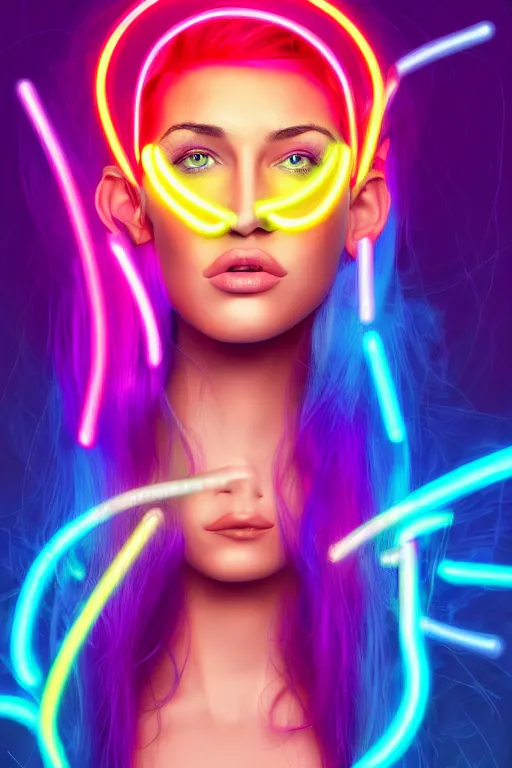 Image similar to a award winning half body portrait of a beautiful woman with stunning eyes in a croptop and cargo pants with rainbow colored ombre hairstyle head in motion and hair flying by thomas danthony, surrounded by whirling illuminated neon lines, outrun, vaporware, shaded flat illustration, digital art, trending on artstation, highly detailed, fine detail, intricate