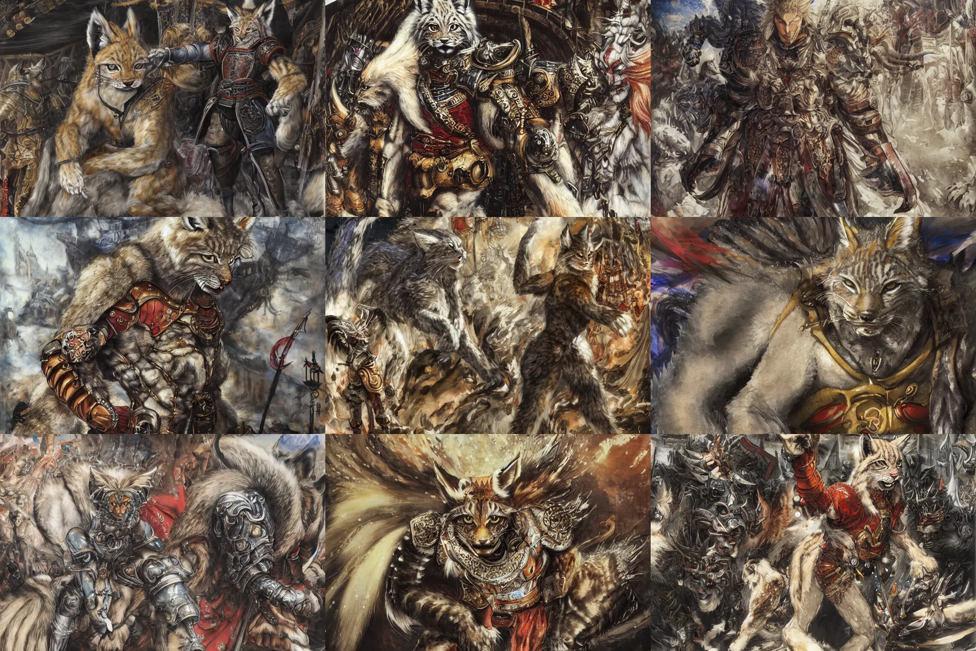 Image similar to 8k Yoshitaka Amano painting of upper body of a young cool looking lynx beast-man with white mane at a medieval market at windy day. Depth of field. He is wearing complex fantasy armors. He has huge paws. Renaissance style lighting.