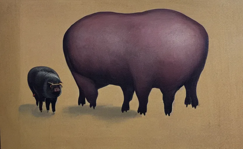 Image similar to painting of a huge pig walking over a village