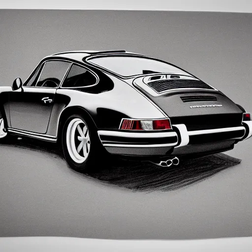 Image similar to black and white pencil sketch of a porsche 9 1 1 9 6 4 carrera 2 rear, studio lighting, photorealistic, 4 k