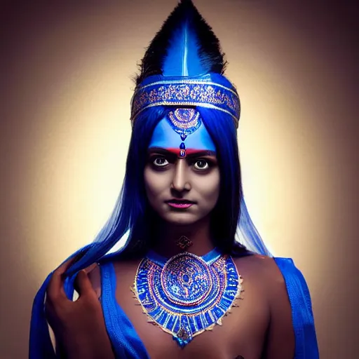 Image similar to blue - skinned indian goddess with six arms, symmetric, aesthetic!!!, cosplay, studio lighting, beautiful symmetric face, clean composition, highly symmetric body parts, gazing eyes