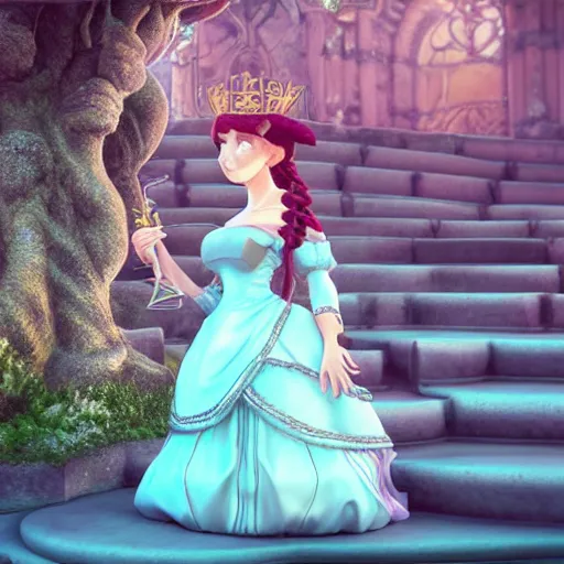 Image similar to a very detailed, ultra-realistic, pleasant, beautiful, funny, smooth 3D CG render, semirealistic anime style, close-up of a gorgeous, cute, gentle, noble priestess magician princess girl wearing dress and jewelry, in a glorious magic kingdom with castle and walls, relaxing calm vibes, fairytale, octane render