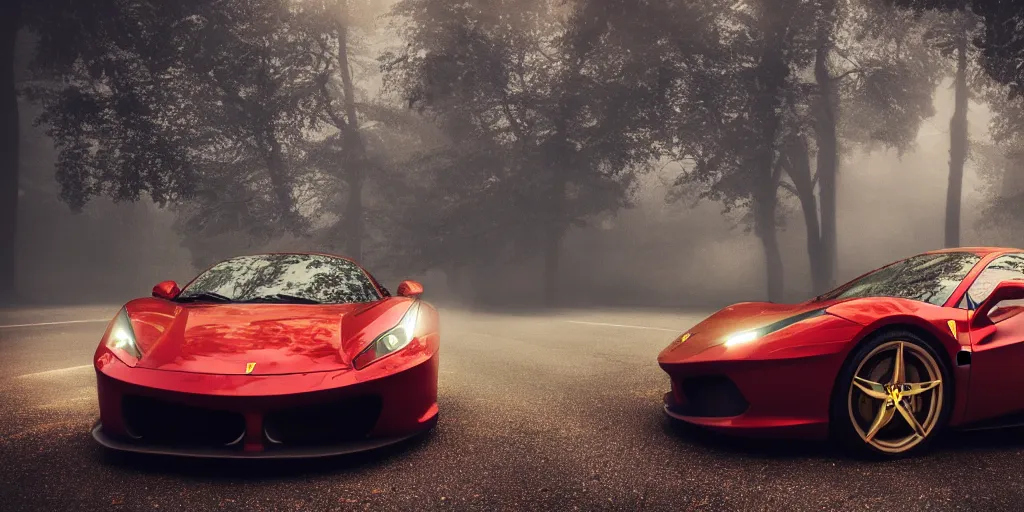 Image similar to parked red Ferrari sports car, fog, rain, volumetric lighting, beautiful, golden hour, sharp focus, highly detailed, cgsociety
