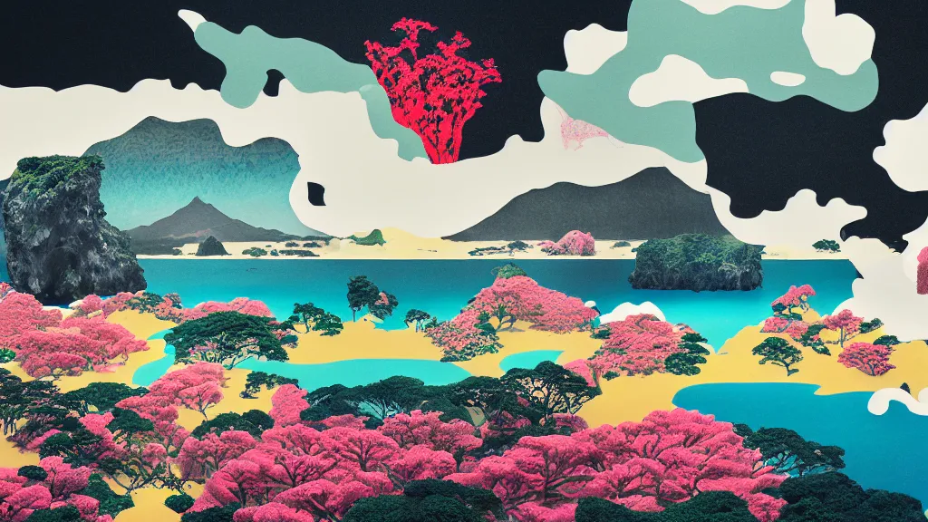 Image similar to dramatic landscape of okinawa prefecture, japan, a collage painting, in the style of wes anderson, lola dupre, david hockney, isolated on negative white space background dark monochrome neon fluorescent spraypaint accents volumetric octane render