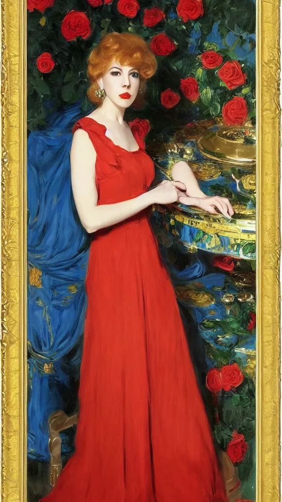 Image similar to portrait of young julee cruise in detailed golden sleeve balloon dress beside a pot of red roses, a persian blue detailed curtain in back painted by john singer sargent