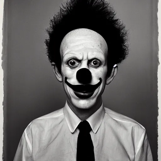 Prompt: portrait of a clown by diane arbus, black and white photography