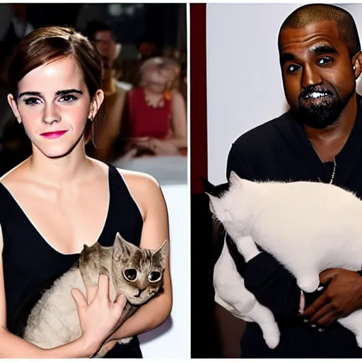 Image similar to Emma Watson and Kanye west holding cats