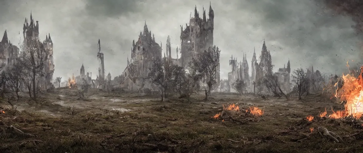 Prompt: destroyed village in the background, scattered trees, highly detailed fire tendrils, dead bodies scattered in mud, body parts, castle spires in background, foot path leads to background, flying mud, debris, smoke, field, wet, dawn, partly cloudy, cold breath, hyper realistic, octane render, hyper detailed, cinematic, medium shot