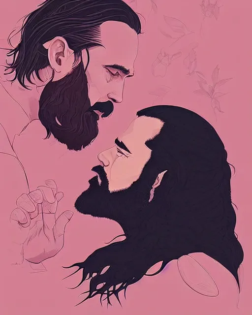 Prompt: portrait of an unkle moon with long black hair and beard and his imaginary bird friend dudek, fine portrait, beautiful, realistic, magical, by tomer hanuka