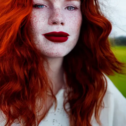 Image similar to close up hald face portrait photograph of a redhead woman with stars in her irises, deep red lipstick and freckles. Wavy long hair. she looks directly at the camera. Slightly open mouth, face covers half of the frame, with a park visible in the background. 135mm nikon. Intricate. Very detailed 8k. Sharp. Cinematic post-processing. Award winning portrait photography