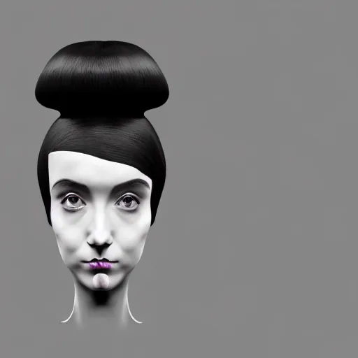 Image similar to An abstract portrait of a girl with black hair against dark grey background, detail oriented work inspired by M.C Escher and the surrealist movement, rendered using photoshop, sony vegas pro 2019 and pixologic's zbrush