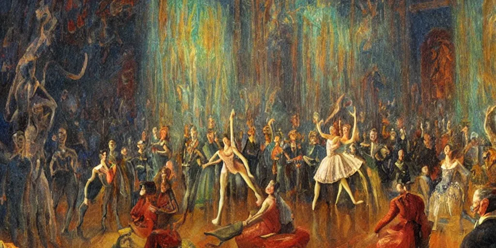 Image similar to an audience full of tall terrifying aliens at the ballet. In the victorian era. in the style of an impressionist painting.