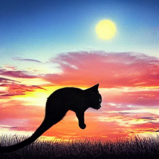 Image similar to beautiful picture of a cat starting at a futuristic sunset, photorealistic, award winning details