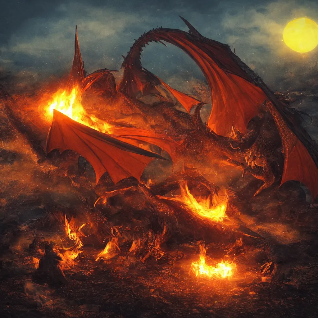 Image similar to a campfire, a dragon flying at background, dragon\'s eyes shining red/yellow seen by far at sky, people talking with each other, sun setting, and sea waves is slow