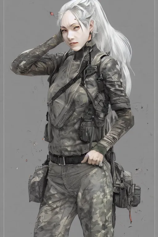 Prompt: girl, silver hair (ponytail), winking, multicam (camo), trending on artstation, detailed, cinematic portrait, ilustration by Takehiko Inoue ((((and Yoann Lossel))))
