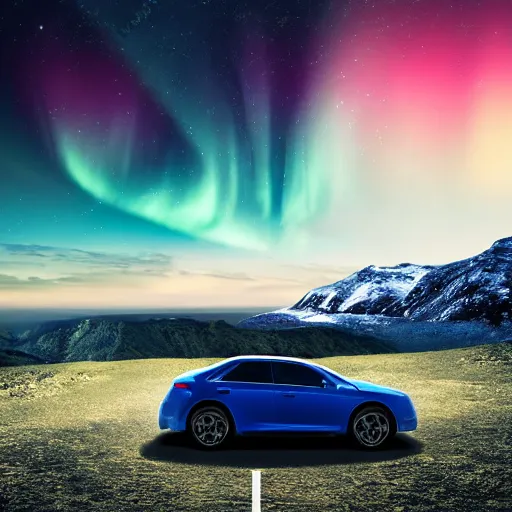 Image similar to car on a mountain. background is epic sky at night with northern lights. photorealistic. iridescent.