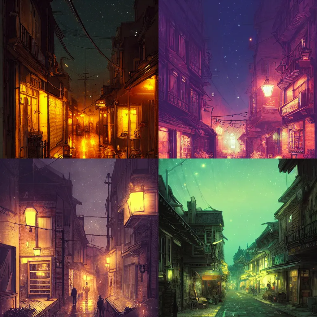 Prompt: a quiet street at night being swallowed by the iridescent glow of the beautiful night sky, illustration, concept art, in the style of akihiko yoshida, sharp lighting, high saturation, highly detailed, moody lighting, artwork, cinematic, 4k