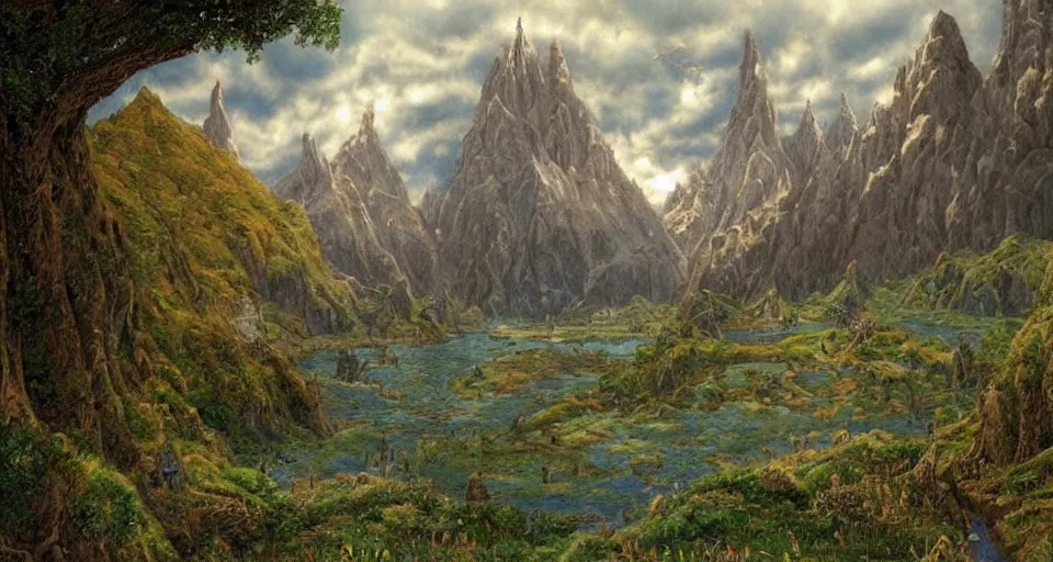 Image similar to Masterfully drawn mspaint art piece of middle-earth by James Gurney. Amazing beautiful incredible wow awe-inspiring fantastic masterpiece gorgeous fascinating glorious great.