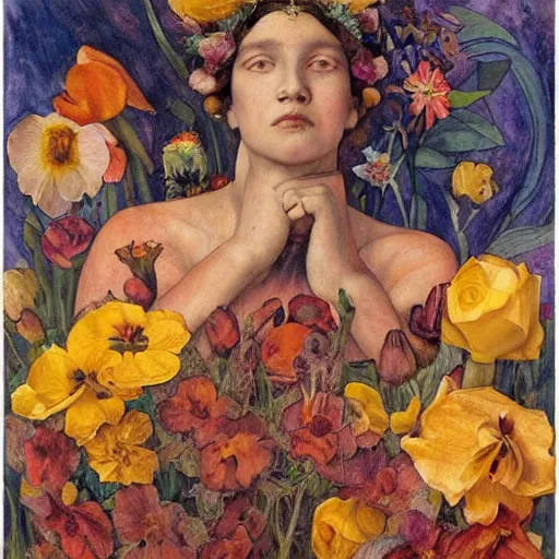 Image similar to flower queen, by annie swynnerton and tino rodriguez and nicholas roerich and lucien freud, dramatic lighting, floral tattoos, rich colors, smooth sharp focus, extremely detailed, adolf wolfli