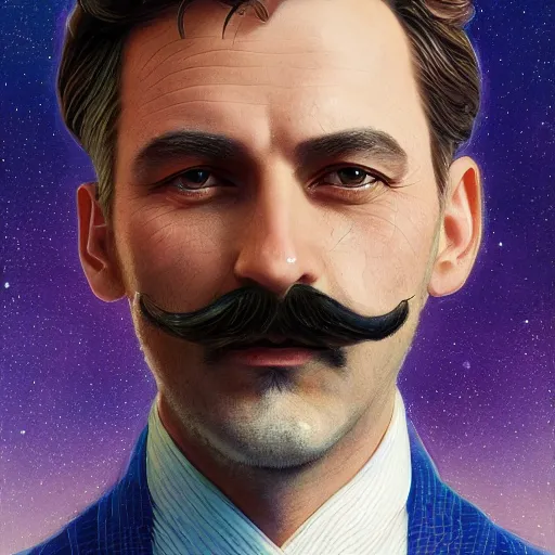 Prompt: Portrait of a French mustached man as president of the galaxy, fantasy, high detail, elegant, digital painting, natural light, vibrant, intricate, textured skin, highly detailed, artstation, sharp, focus, illustration, by Anna Dittmann, Ilya Kuvshinov, Nikolay Makovsky