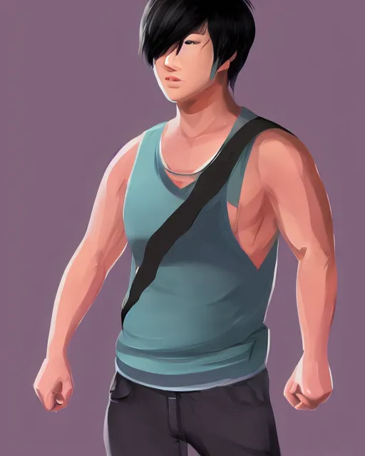 Prompt: Young male Asian protagonist wearing a sleeveless shirt and a big pregnant belly, artstation, concept art