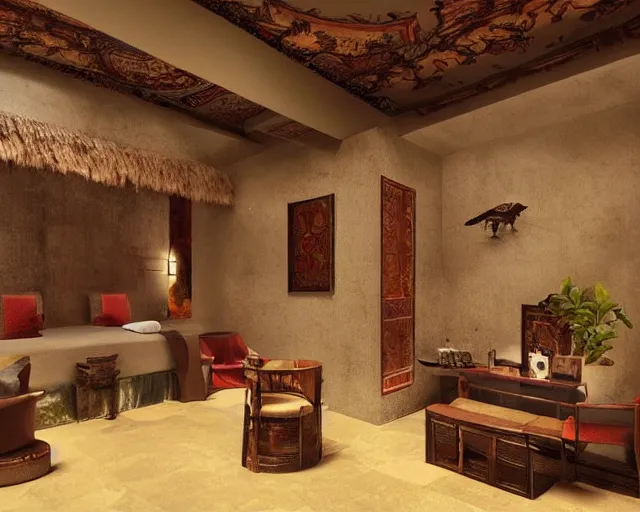 Image similar to a luxury hotel! suite room in the style of precolombian aztec!, art by greg rutkowski and artgerma, stunning! concept art, interior! design