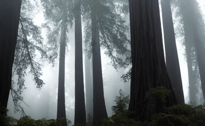 Prompt: 12 ft tall, faceless Slenderman standing in the forest, redwood sequoia trees, ominous foggy environment, best of artstation