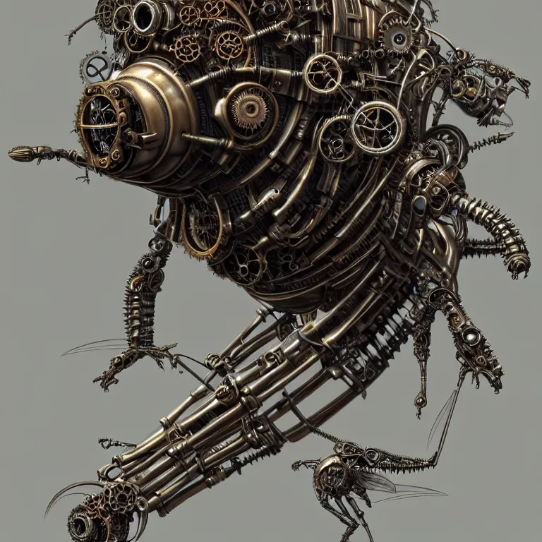 Image similar to steampunk cybernetic biomechanical fly, 3 d model, unreal engine realistic render, 8 k, micro detail, intricate, elegant, highly detailed, centered, digital painting, artstation, smooth, sharp focus, illustration, artgerm, tomasz alen kopera, wlop