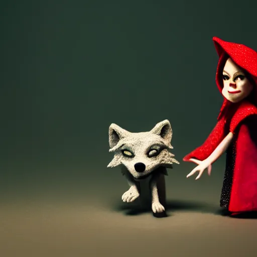 Image similar to a cinematic film still of a claymation stop motion film starring emma stone as little red riding hood, and realistic wolf, shallow depth of field, 8 0 mm, f 1. 8