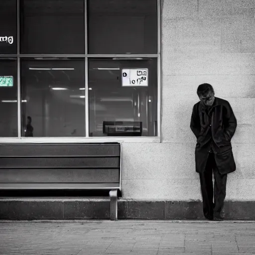 Prompt: the man waiting on bus station, he is angry because the driver didn't stop, he's tired after all day work, with many negative emotions inside his head, hyper detailed, realistic photography, 4k,