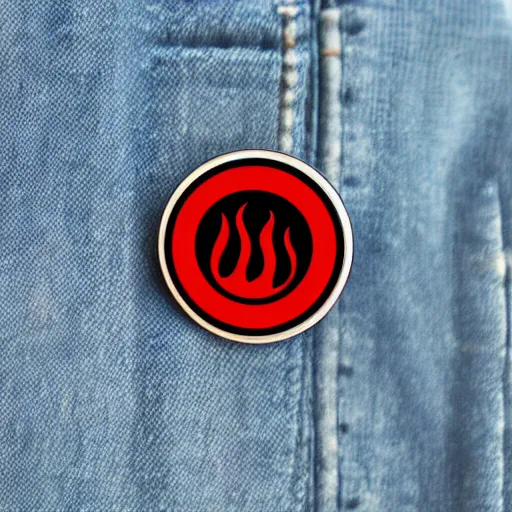 Image similar to simple yet detailed, circle pictogram fire warning flame enamel pin retro design