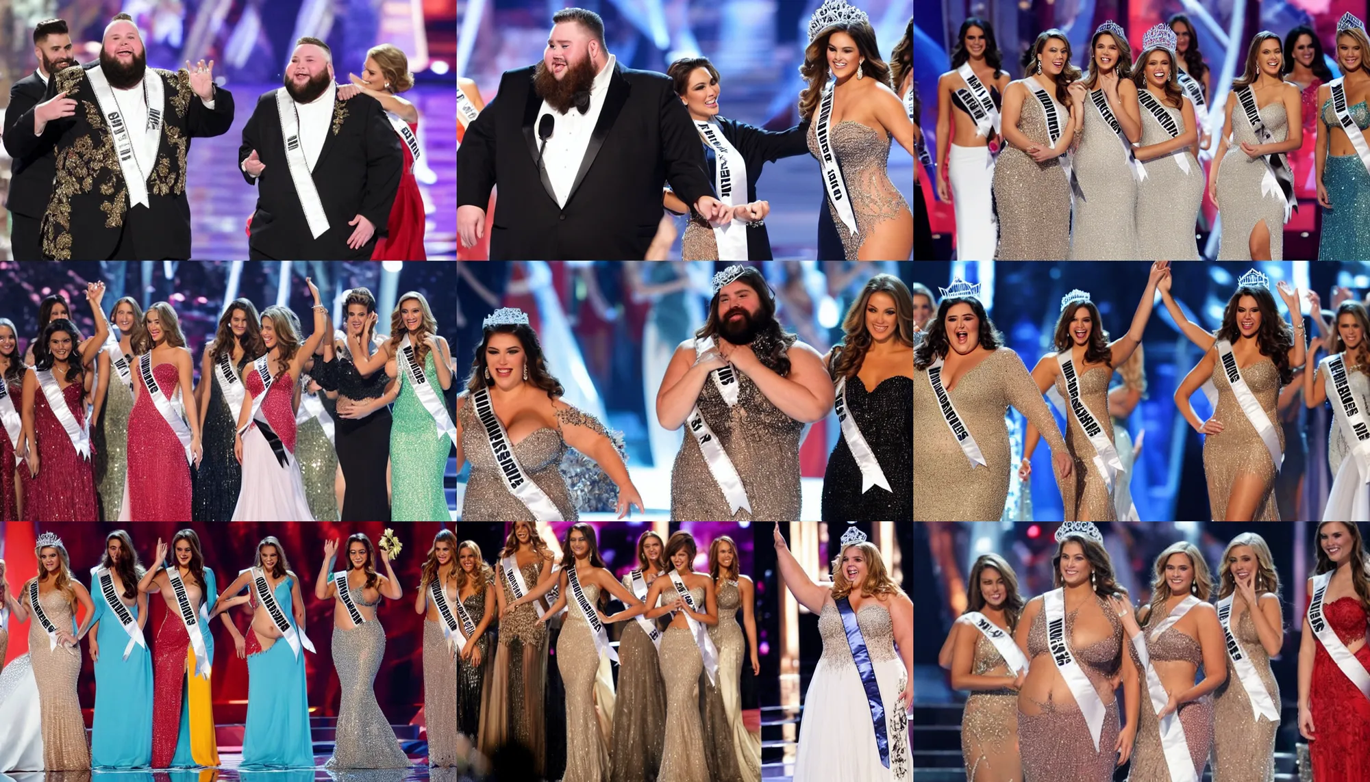 Prompt: a fat guy with a beard wins the miss universe competition