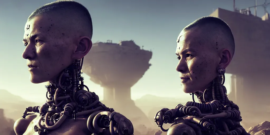 Prompt: meditating monk with mohawk and tattoo on face and cybernetic enhancements against the backdrop of a post - apocalyptic landscape, scifi character portrait by greg rutkowski, craig mullins, cinematic lighting, dystopian scifi outfit, profile picture, mechanical, cyborg, half robot ultra realistic 8 k resolution.