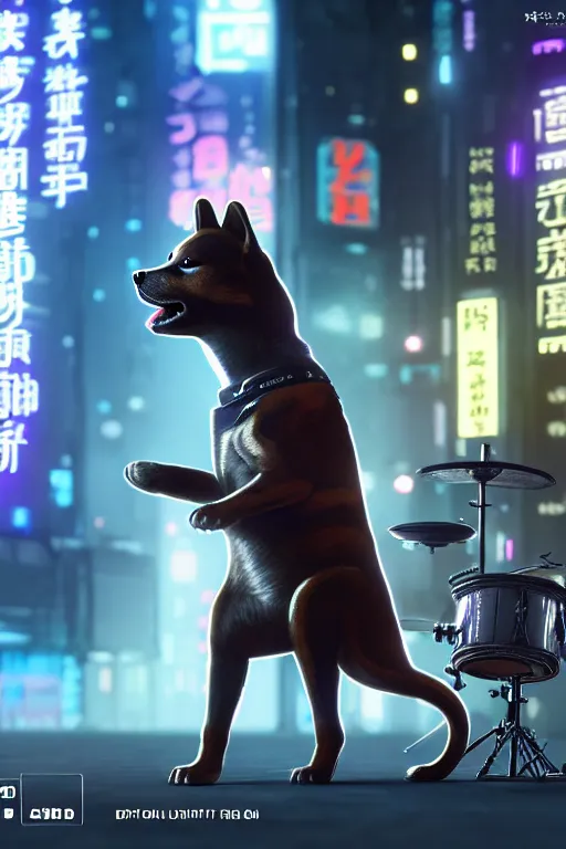 Prompt: high quality 3 d render very cute cyborg! shiba inu plays drums, cyberpunk highly detailed, unreal engine cinematic smooth, in the style of blade runner & pixar, hannah yata charlie immer, moody light, low angle, uhd 8 k, sharp focus