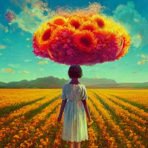 Prompt: giant flower afro, full body, girl standing in the middle of a field with flowers, surreal photography, hills, sunrise dramatic light, impressionist painting, colorful clouds, digital painting, pointillism, artstation, simon stalenhag