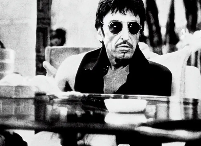 Prompt: tony montana from movie scarface 1 9 8 3 sitting behind a big black oak table with big large packages of flour. long shot. al pacino. perfect symmetric face, coherent eyes,, fine details, 4 k, ron cobb, cinestill