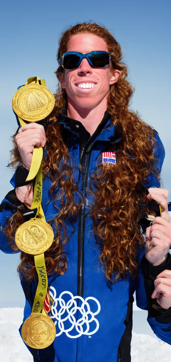 Prompt: high quality photograph of shaun white holding a gold medal with blue sky above him, rule of thirds, upper body shot, high quality, portrait image, nikon d 7 8 0