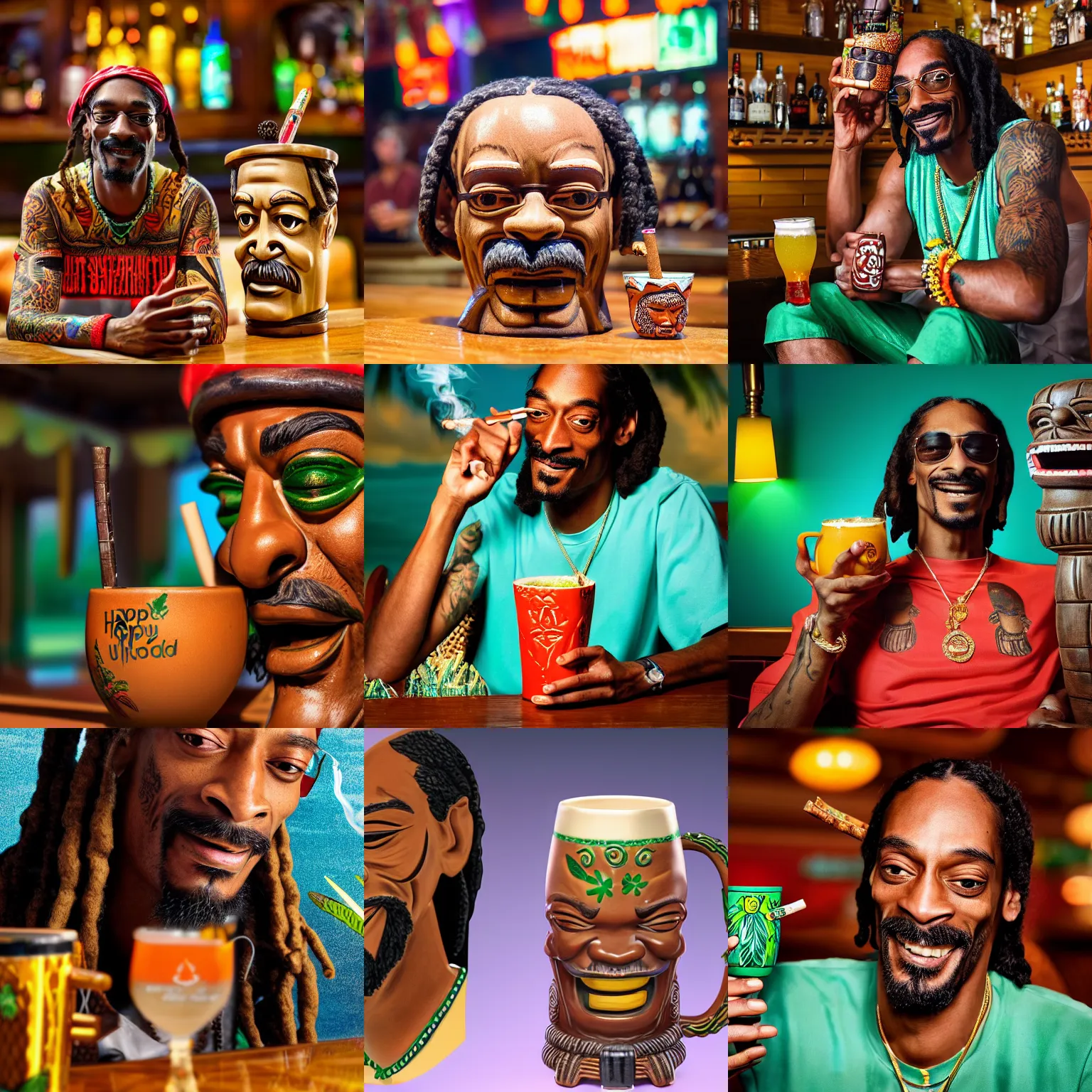Image similar to a closeup photorealistic photograph of happy blunt smoking snoop dogg at trader vic's bar sitting next to a trader vic's style tiki mug featuring the face of snoop dogg. tiki culture. bright scene. 4 k hd image that's trending on artstation, featured on behance, well rendered, extra crisp, features epic composition and the style of unreal engine.